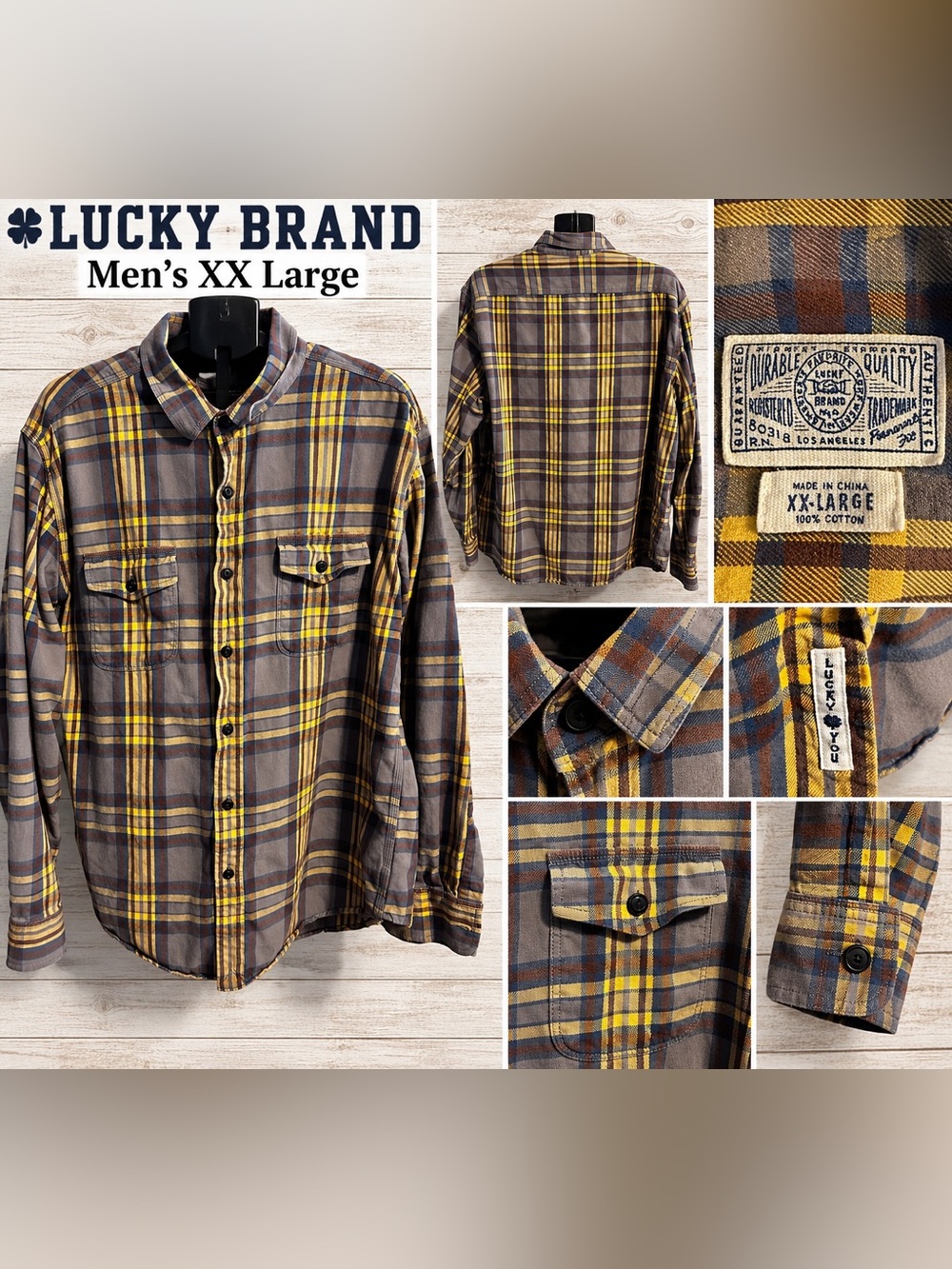Lucky Brand Men's XXL Yellow Gray Plaid Flannel Long Sleeve Button Down Shirt